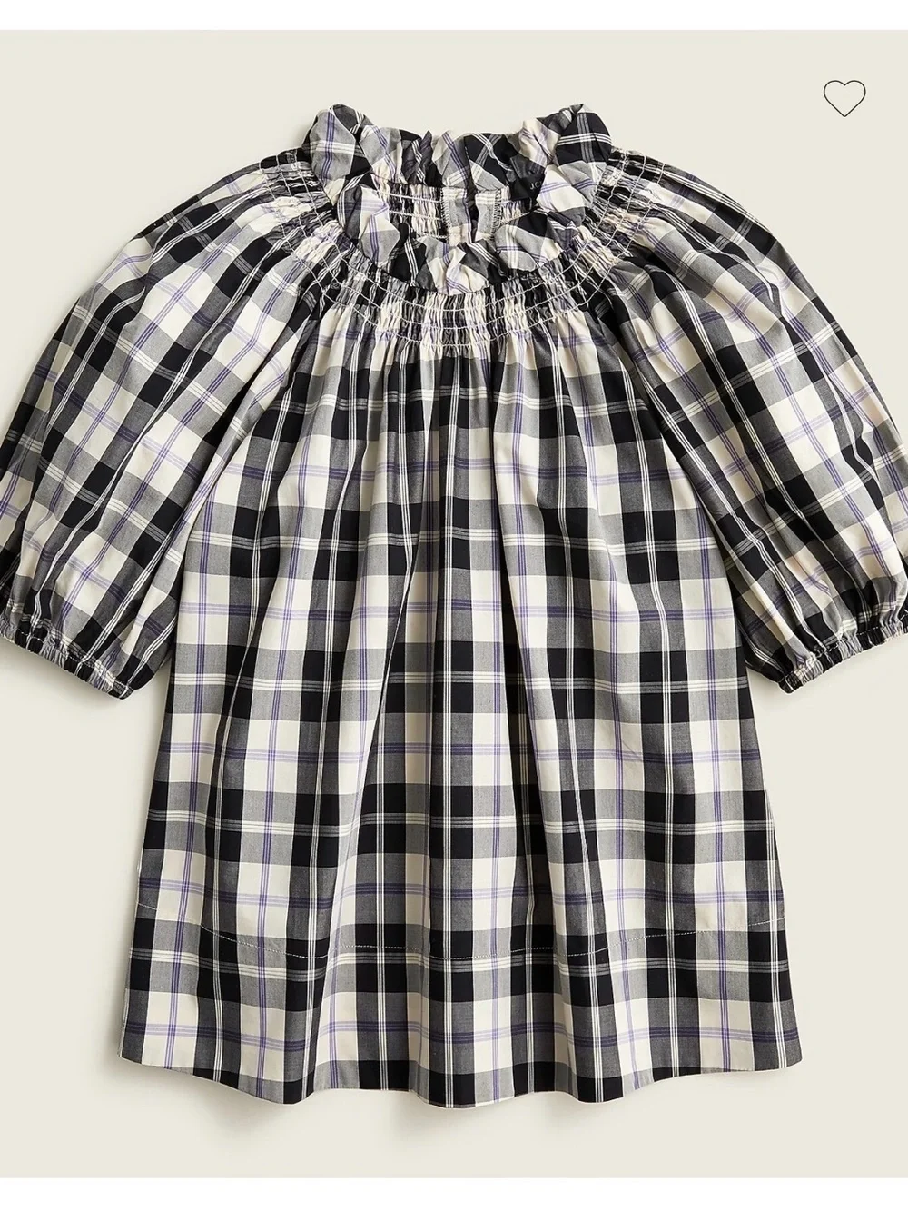 J. Crew Navy and White Plaid Smocked Neck Puff Sleeve Top